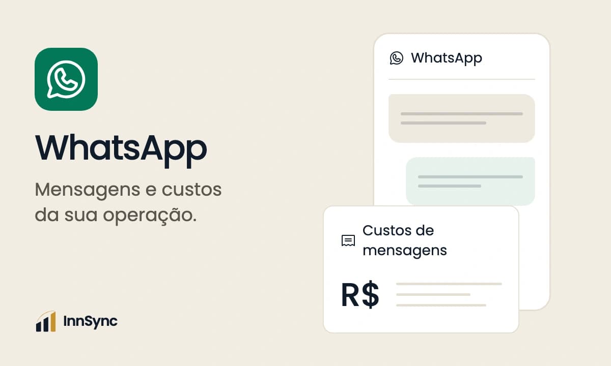 Ilustração editorial da InnSync com símbolo do WhatsApp, conversa e demonstrativo de custos, sem valores de tarifa.