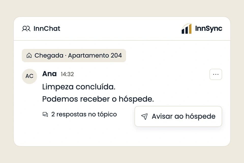 Conversa interna ilustrativa no InnChat: limpeza concluída, respostas no tópico e menu com Avisar ao hóspede.
