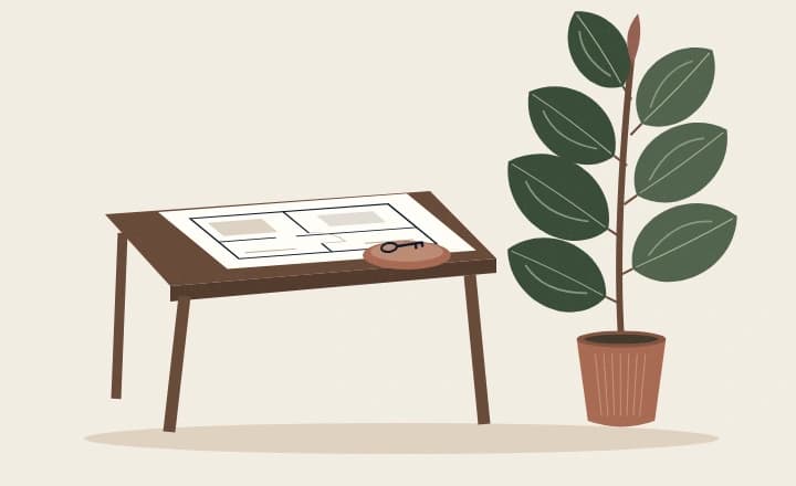 Ilustração autoral: planta de um imóvel e chaves sobre uma mesa de madeira, ao lado de um ficus elastica.