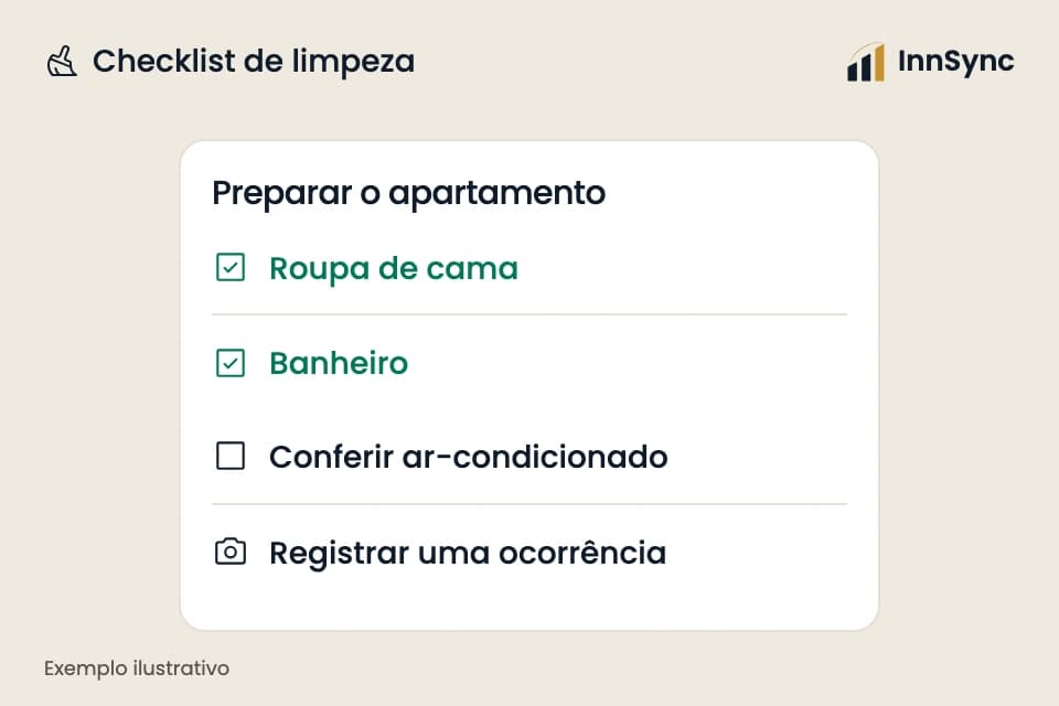 Ilustração da InnSync: preparação do apartamento com itens conferidos, pendentes e registro de ocorrência.