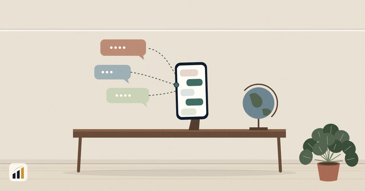 Balões de conversa de cores diferentes convergindo para um celular, ao lado de um globo.