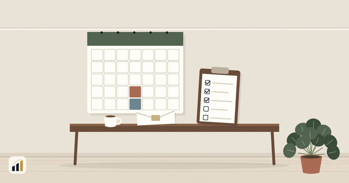 Calendário com duas datas marcadas, uma lista de verificação e um envelope.